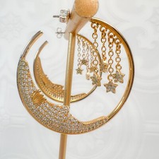 14k Gold-plated Hoop Earrings Rhinestone Moon w/Face Under Dangling Star Charms