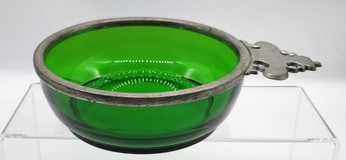 1940s Emerald Green Glass Bowl Pewter Handle Marked Etain Griffin Mark - Picture 13 of 13