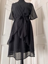BNWT Black Spotted Overlay Fixed Wrap Ruffled Front Belted Party Dress UK Size 8