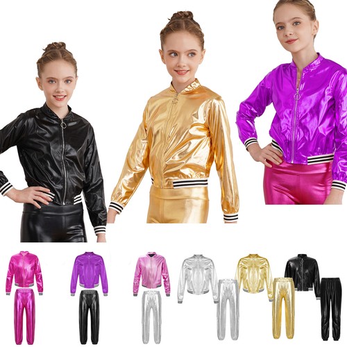 Kids Girls 2Pcs Tracksuit Shiny Metallic Hip-Hop Bomber Jacket Pant Dance Outfit - Picture 4 of 54