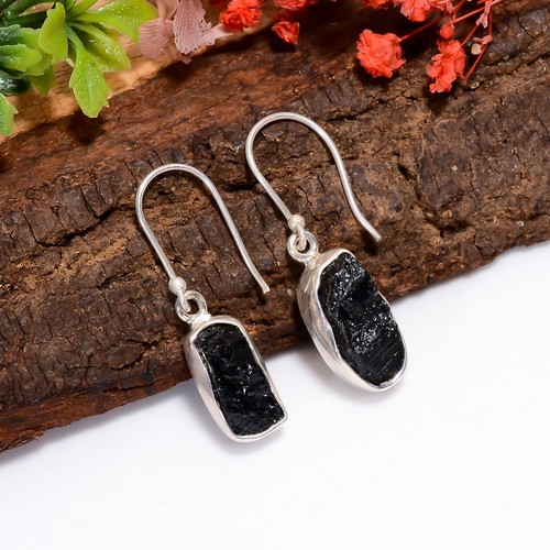925 Sterling Silver Jewelry Natural Black Tourmaline Druzy Dangle Earrings Gift - Picture 3 of 7