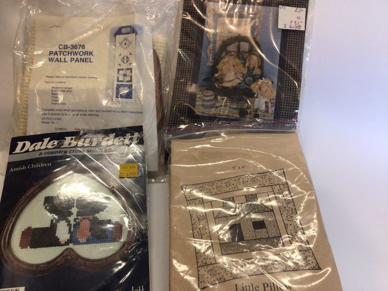 Vintage counted cross stitch + Pillow Kit, Wall Panel And Dolls.