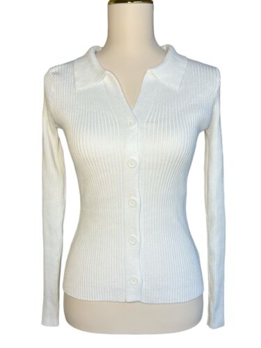 Commense Women Small White Knit Long Sleeve Button Up V-Neck Collared Casual Top