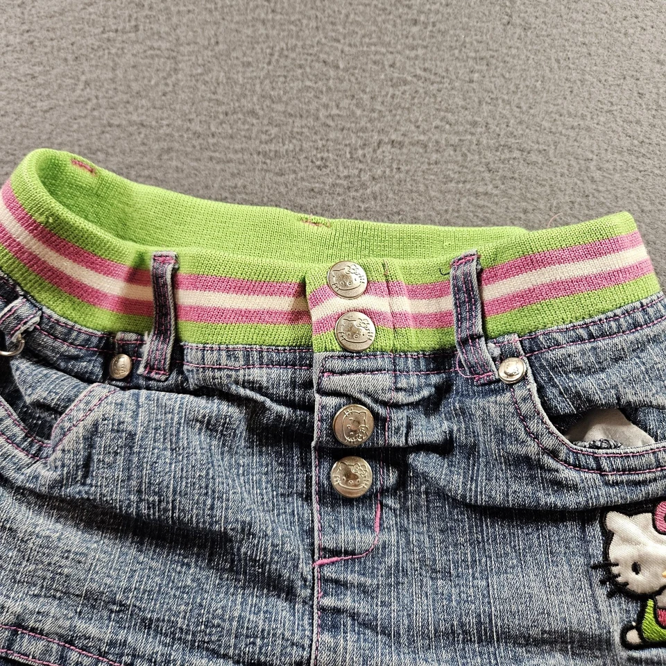 Linda Falda Denim Hello Kitty Niñas Pequeña Rosa Verde Cintura Bordada Jeans Foto 3 de 4
