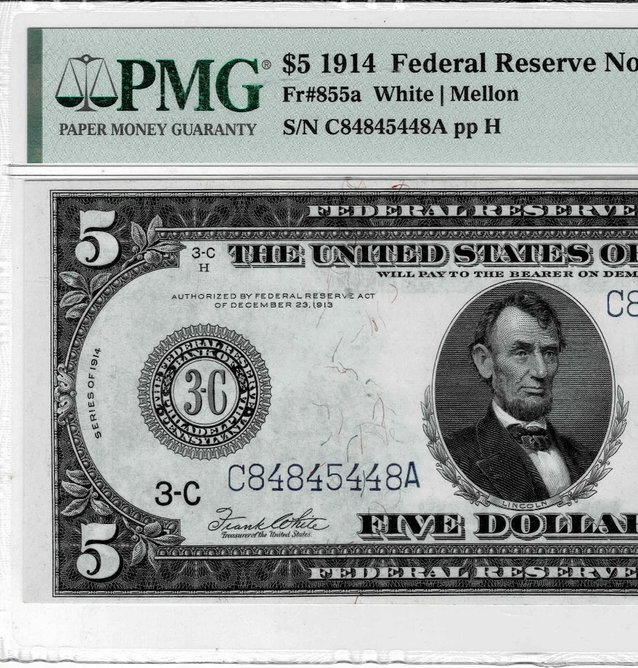 1914 $5 Federal Reserve note--fr.855a-(Philly)-PMG Choie EF 45 EPQ - Image 3 of 4