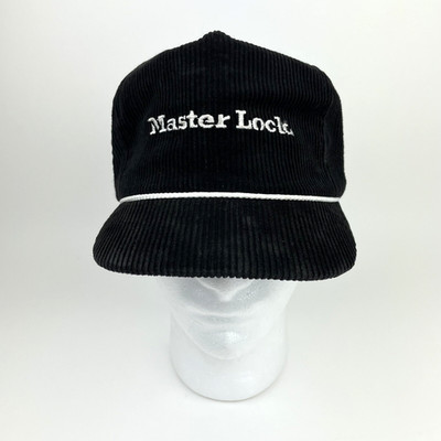Vintage Master Lock Security Pick Black Cap Rope Hat USA Made Corduroy Snapback