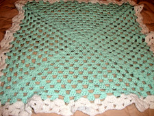 Handmade Baby Knit Crochet Blanket TEAL w/White Scalloped Border 28" x 28"  356