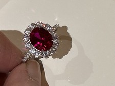 QVC 925 Sterling Silver Simulated Ruby & Diamonique Halo Cluster Ring UK W