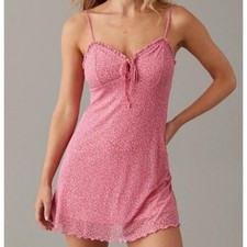 American Eagle Mini Dress Coquette S Pink Floral Mesh Lettuce Trim Soft Girl