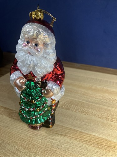 Vintage Blown Glass Santa Claus ornament With Tree Glitter 6” - Picture 5 of 8