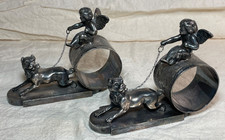 Pair of Antique James W. Tufts 1543 Cherubs + Dogs Silver Plated Napkin Rings