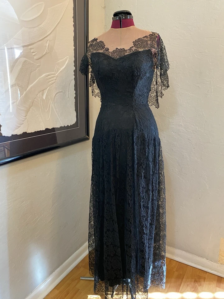 Vestido de Noche Vintage Años 40 Negro Satén + Encaje Desnudo Ilusión Pinup Rockabilly Glam Foto 2 de 4