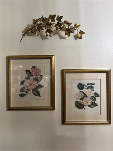 Vintage 50er Set 2 Goldrahmen Blumendrucke signiert Leslie Greenwood MCM Cottage - Bild 1 von 11
