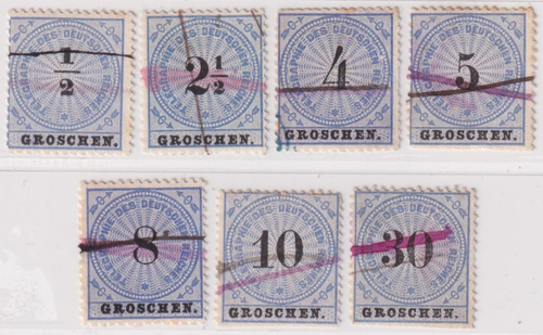 Deutsches Reich Telegrafenmarken Mi.Nr. 1 & 3 - 8 Federzugentwertung 1872