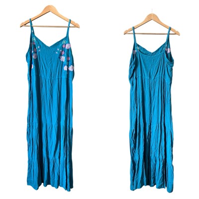 Boho Floral Embroidered Maxi Dress 3X Teal Blue/Green Gauzy Summer Cami Sundress