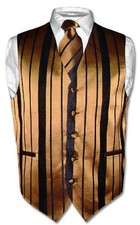 Men's Dress Vest  NeckTie GOLD  BLACK Color Woven Striped Design Neck Tie Set
