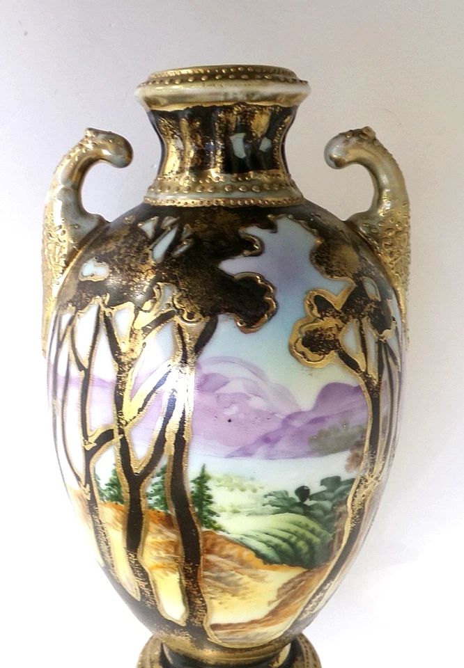 Antique Nippon Hand-Painted Nature Scene Gilded Porcelain Vase Japan, 6.8"Height - Image 4 of 4