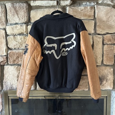 VTG 90s FOX Racing Leather Letterman Jacket Brown Black