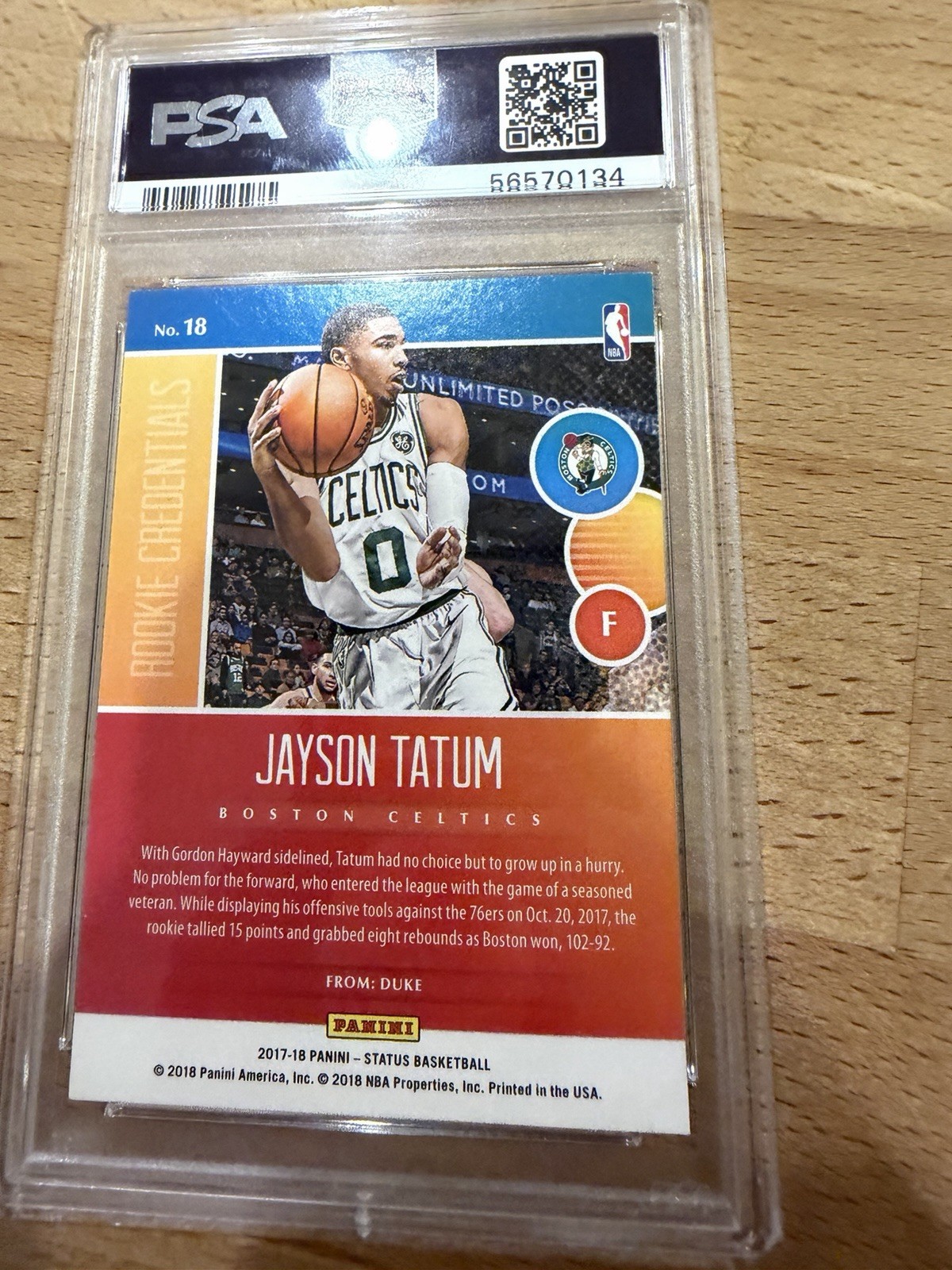 Jayson Tatum RC 2017-18 Panini Status Rookie Credentials #18 Celtics PSA 10 view 4