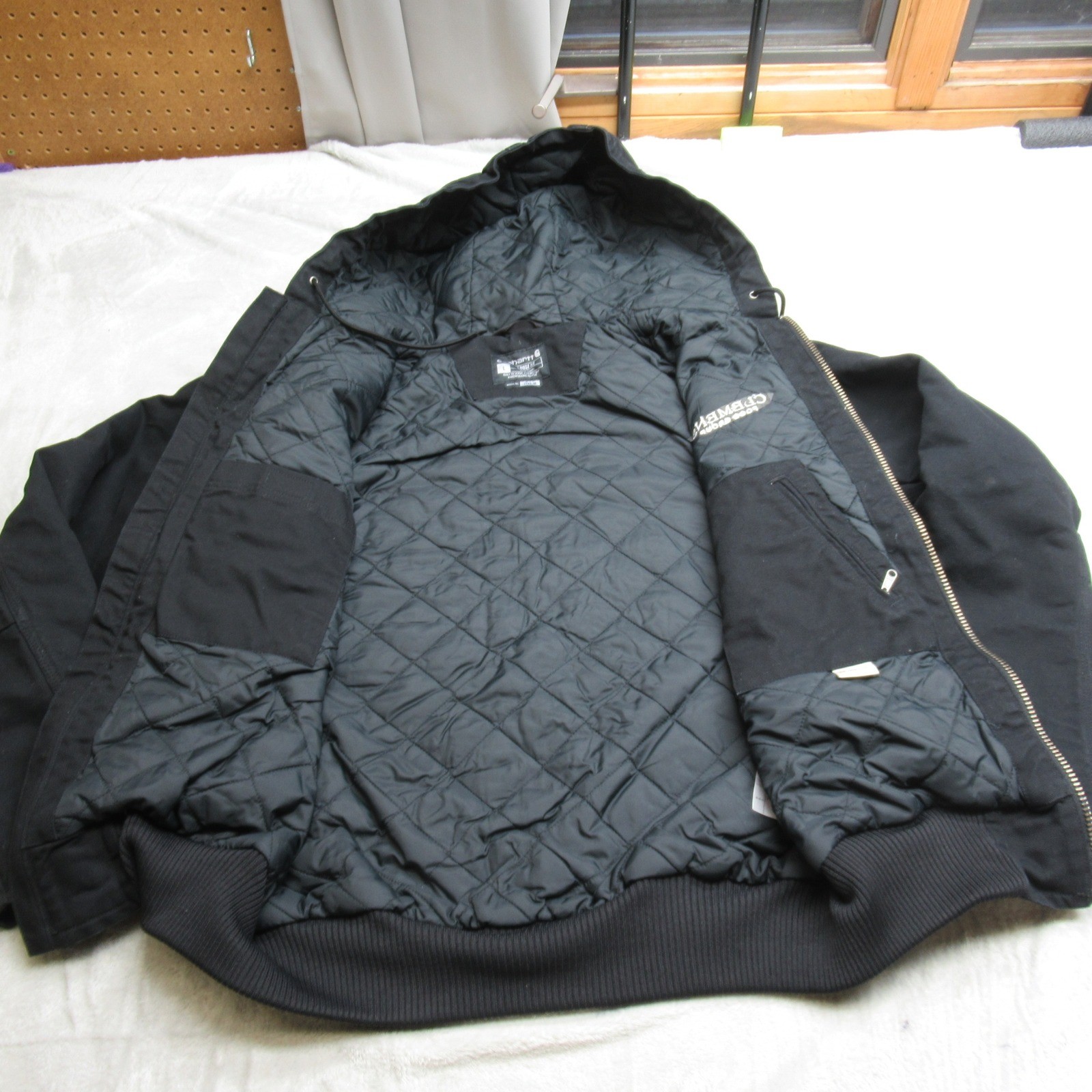 Carhartt Washed Duck Jacket Men Large Blk Insulated Active Hood Loose Work LOGO thumbnail 3