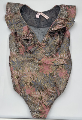 Victorias Secret Bodysuit Womens Large Pink Metallic Sheer Brocade Coquette NEW