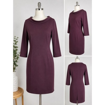 Talbots 14 Plum Burgundy Sheath Midi Dress Portrait Neck Career Office 3/4