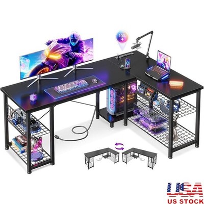 L Shaped Gaming Desk W/ Built-in Power Outlets CPU Stand & Metal Shelves New