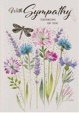 Sympathy Condolence Card - With Sympathy Thinking of You - Flowers & Dragonfly
