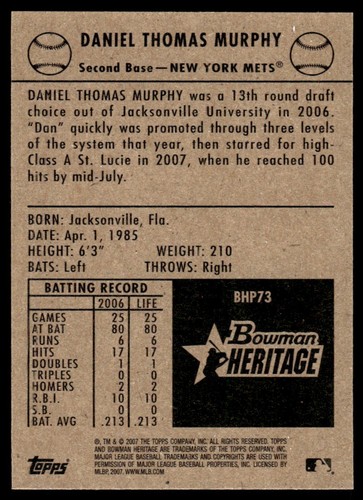 2007 Bowman Heritage Prospects Daniel Murphy New York Mets #BHP73 - Picture 2 of 2