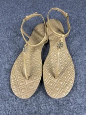 Tory Burch Sandals Womens Size 9 Tan Leather T-Strap Thong Ankle Strap Flat Logo