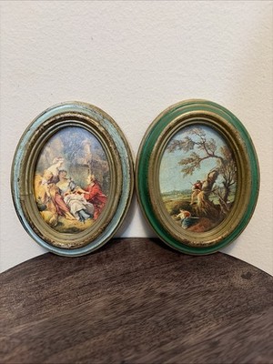 VTG Pair Italian Art Print Oval Frame Action Blue Green Handcraft Italy Florence