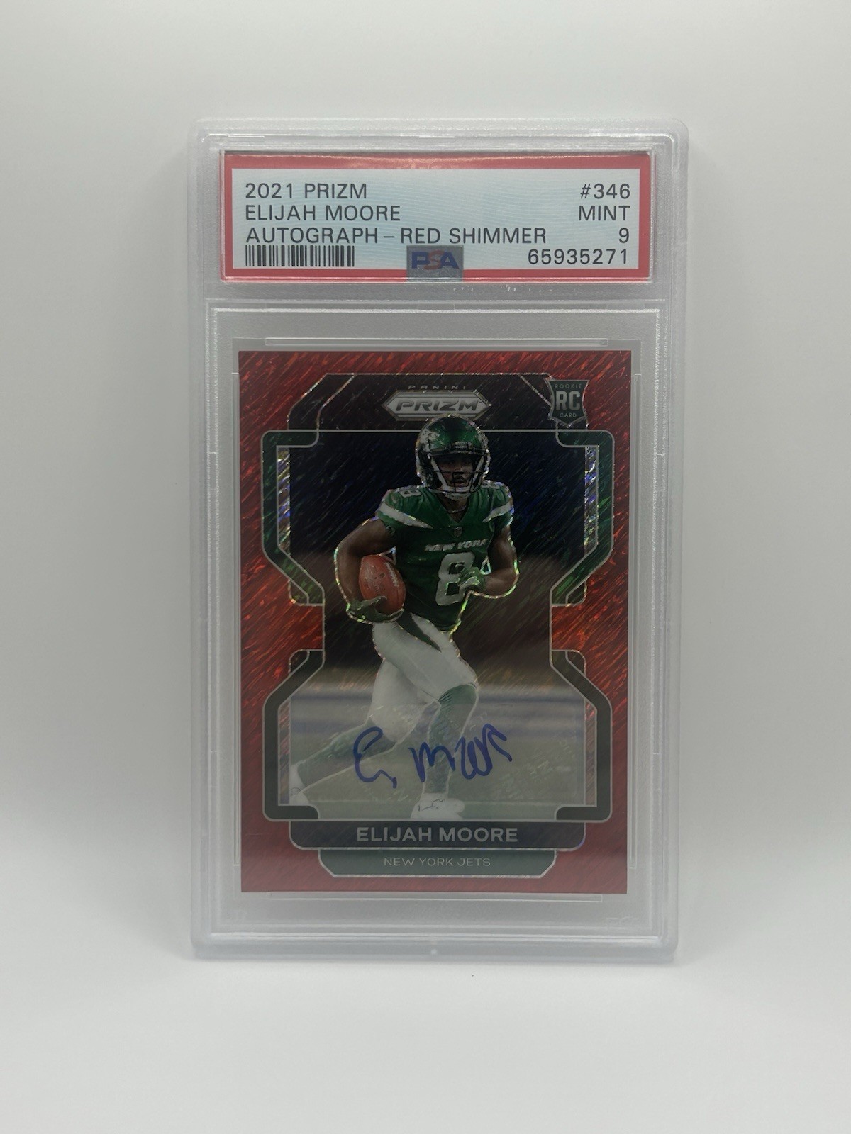 2021 Panini Prizm Rookie Elijah Moore #346 Red Shimmer Prizm Auto /35 (RC)