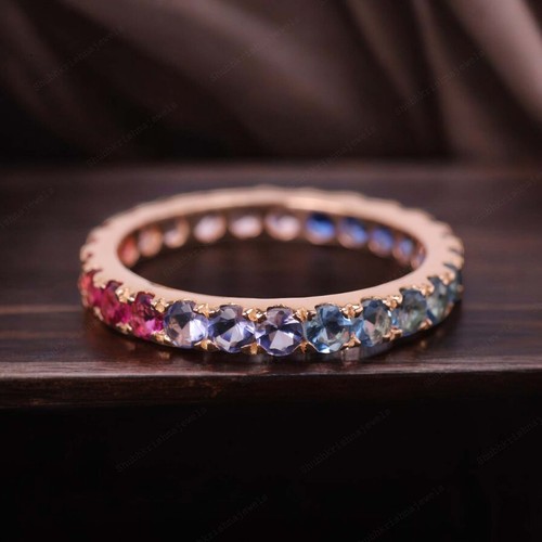 925 Sterling Silver 2mm Round Shape Natural Multi Gemstone Band Rose Gold Plated - Picture 3 of 8