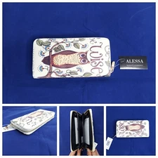 Alessa Owl Wallet Zip Around Clutch Wise Print Faux Leather Cute Animal Design