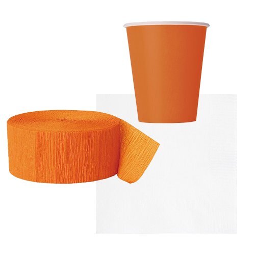 9oz Orange Paper Cups 8CT, White Paper Napkins, 20ct and Orange Crepe Streamers - Afbeelding 1 van 1