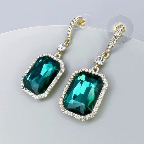 Pendientes colgantes colgantes para mujer verde simulado cristal esmeralda estrás graduación 941 - Imagen 3 de 7