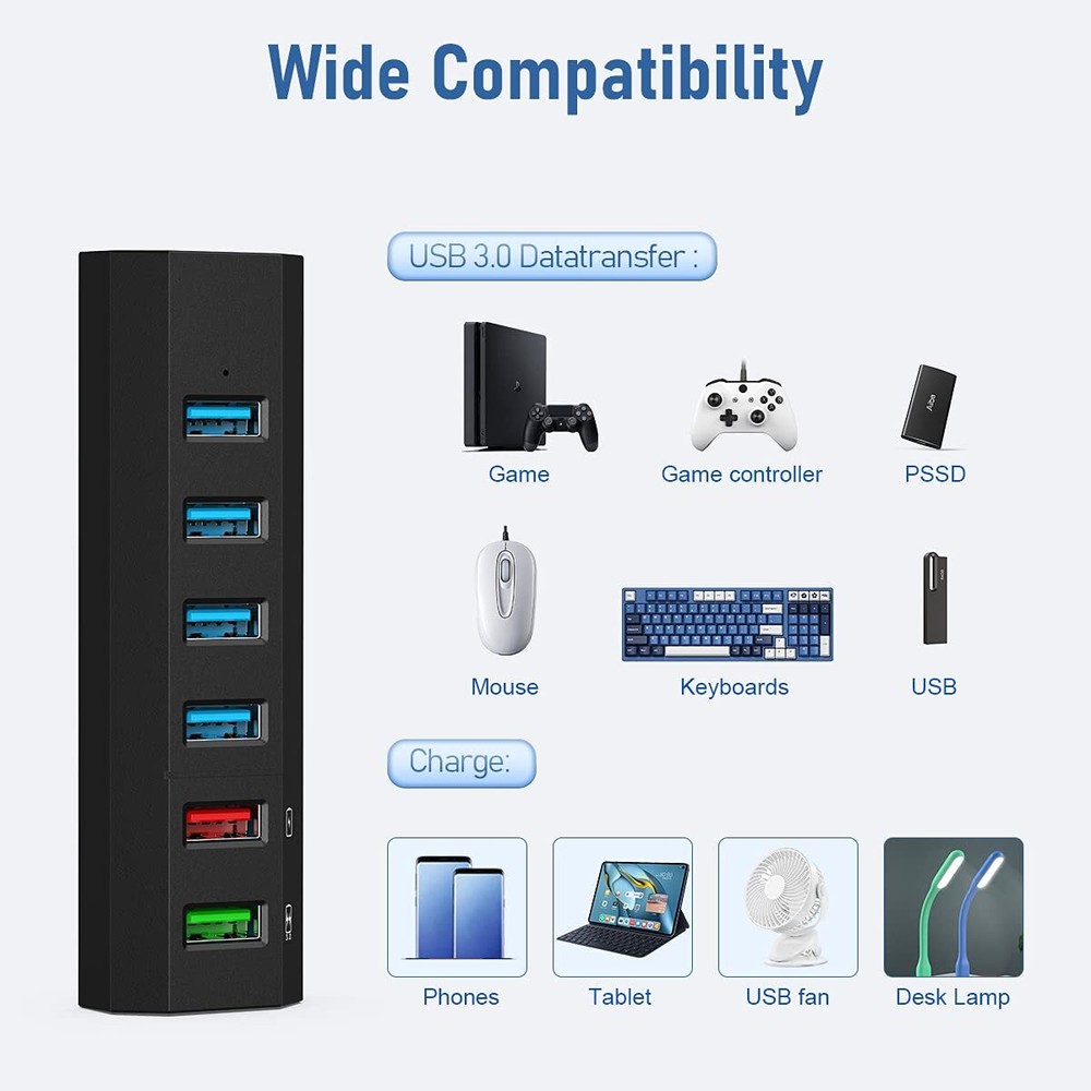 Aiibe 6-Port USB 3.0 Hub with 24W Power Adapter - High-Speed Data Transfer