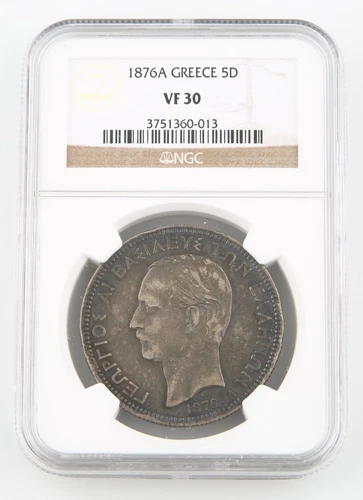1876-A Greece 5 Drachmai Silver Coin VF-30 NGC Arms Within Crowned Mantle KM-46