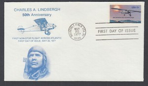US-Pl-1710-G4-FDC-1977-13c-Charles-Lindbergh-50th-Anniv-Lou-Jac-FIRST-CACHET