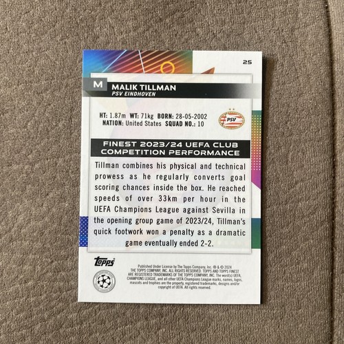 TOPPS UEFA UCC FINEST 2023 2024 PSV EINDHOVEN MALIK TILLMAN /275 - Foto 2 di 2