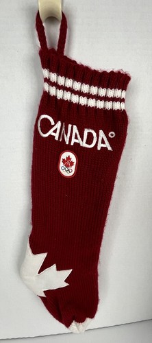 TEAM CANADA Olympics Vtg Christmas Knit Stocking Red Maple Leaf Hudson's Bay Co.