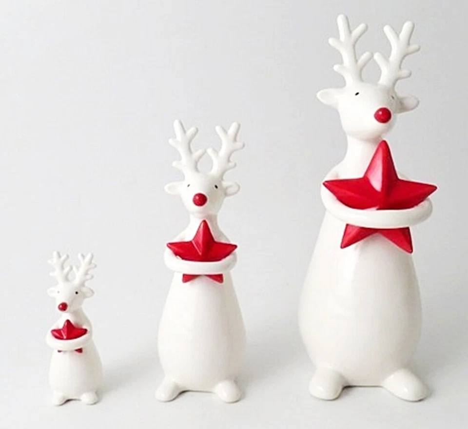 GIFTWARE TRADING White Ceramic Standing Reindeer with Red Star Christmas Ornament -3 Sizes