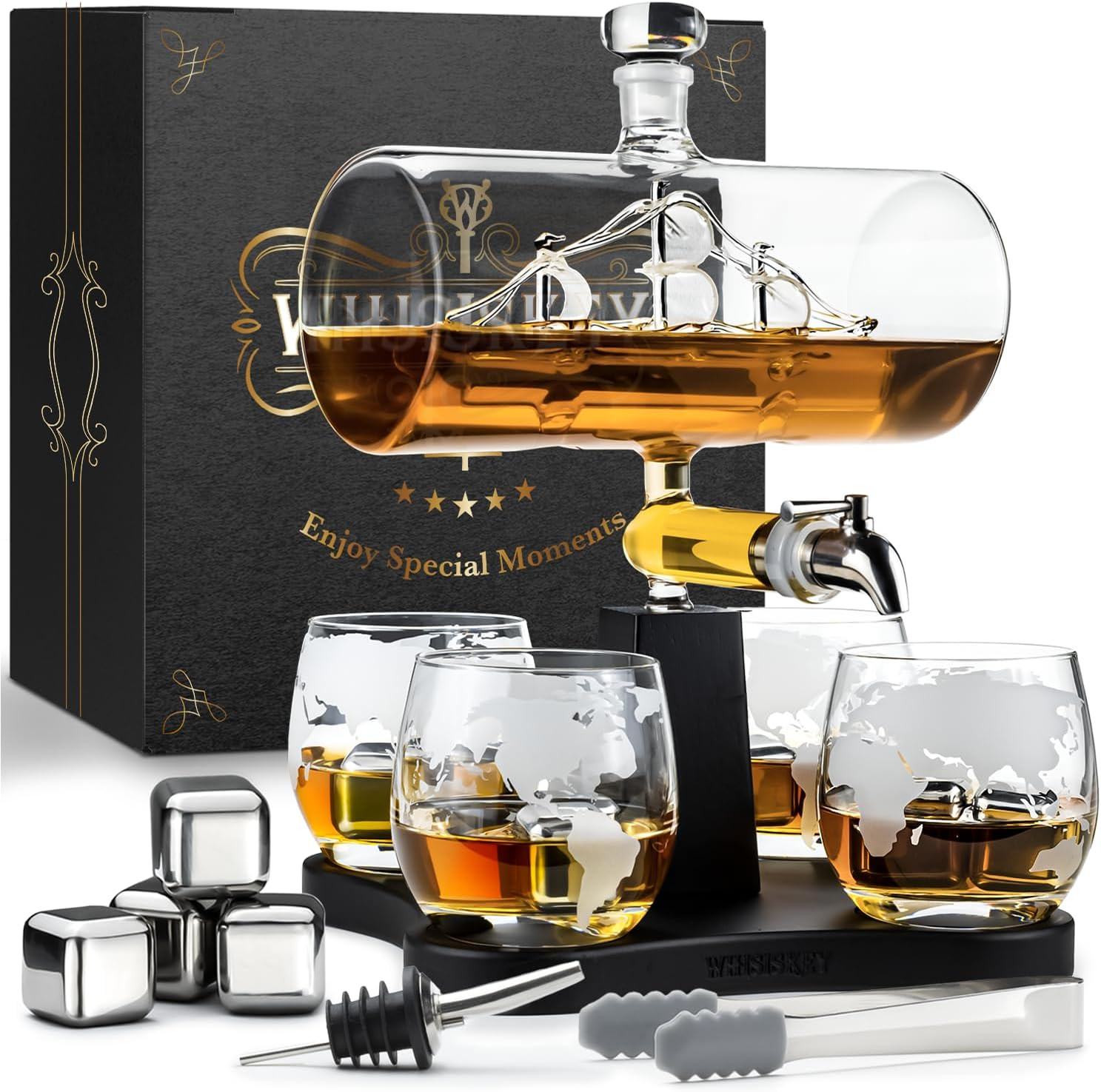 Coffret cadeau homme de luxe avec carafe à whisky et son voilier en verre gravé