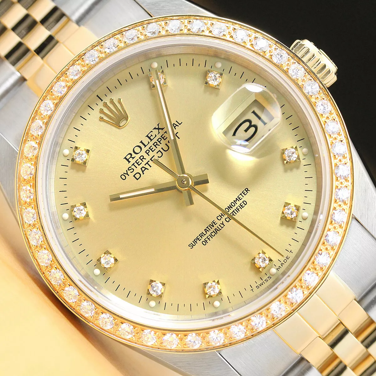 ROLEX MENS DATEJUST 16233 FACTORY DIAMOND DIAL 18K YELLOW GOLD