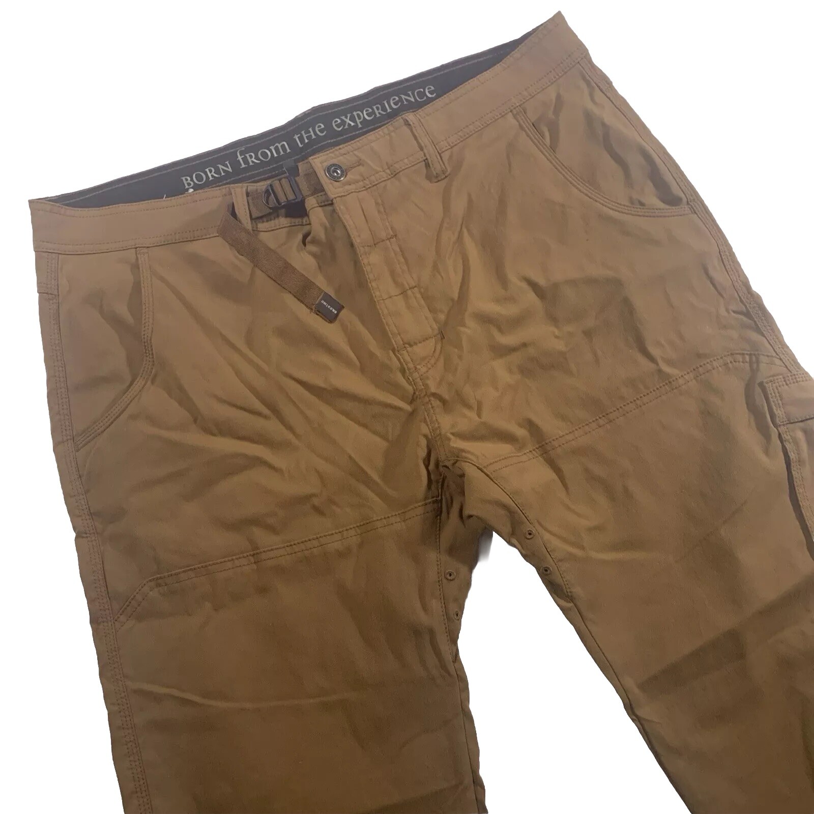 Prana Stretch Zion Performance Pants Belted 40x30 Straight Fit Beige Khaki