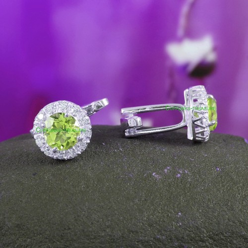 Natural Peridot & CZ Gemstones with 925 Sterling Silver Cufflinks For Men's #455 - Picture 7 of 9
