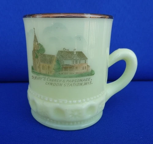 Uranium Heisey Souvenir Custard Glass Mug - St Marys Church Lyndon Station WI