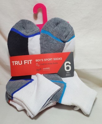 TRU FIT Boy's Sport Socks w Cushion Ankle,  Cool Dry, 6 Pack; Gray, Black, White