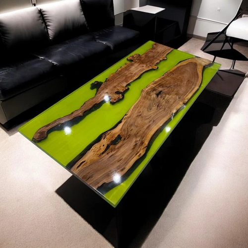 Live Edge Epoxy Green Resin Wooden River Style Dining Office Coffee Table Top - Picture 4 of 9