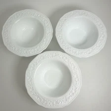 Farmhouse White Milk Glass Fruit Bowls Cottagecore Embossed Floral Wide Rim 3